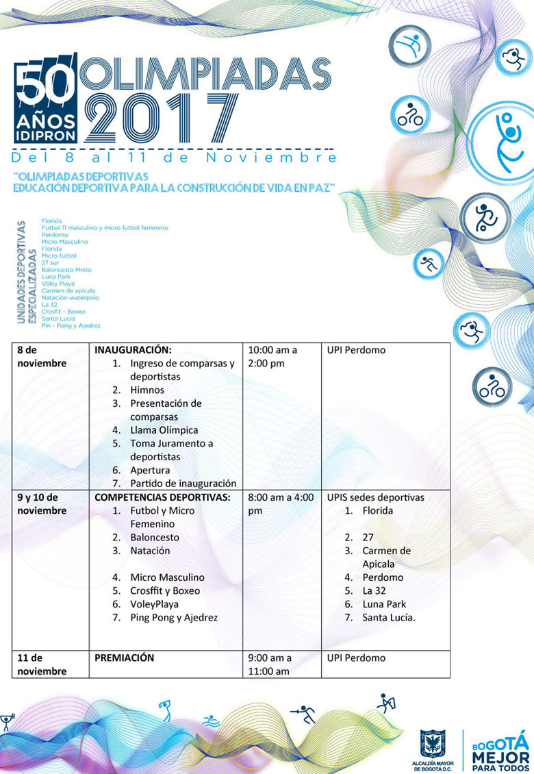 Fechas, horas y actividades Olimpiadas IDIPRON